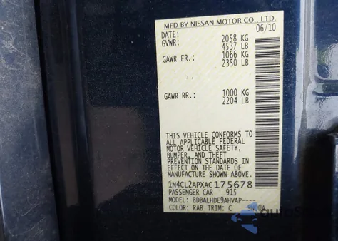 2010 Nissan Altima Hybrid from USA, damaged, VIN 1N4CL2APXAC175678